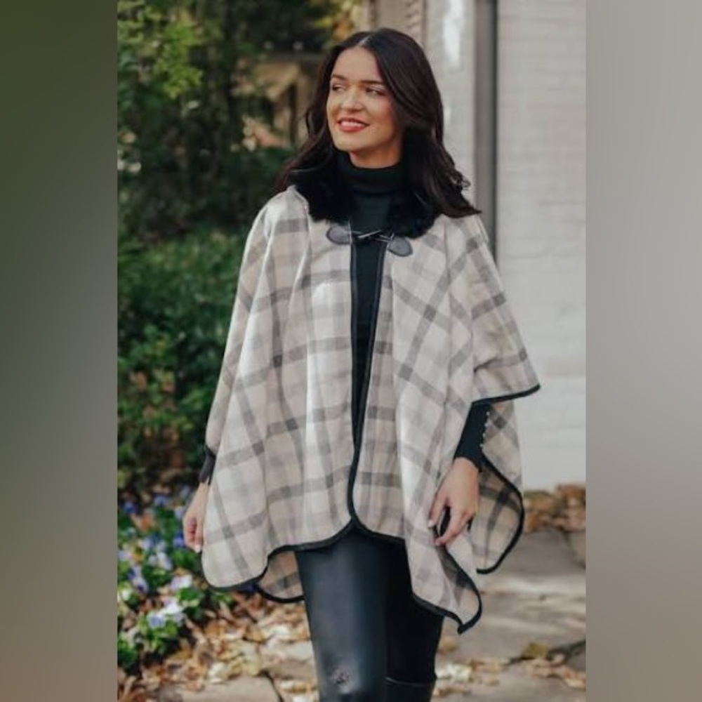 Max Studio Gray and Black Checkered Poncho Cape Shawl One Size - Picture 8 of 10